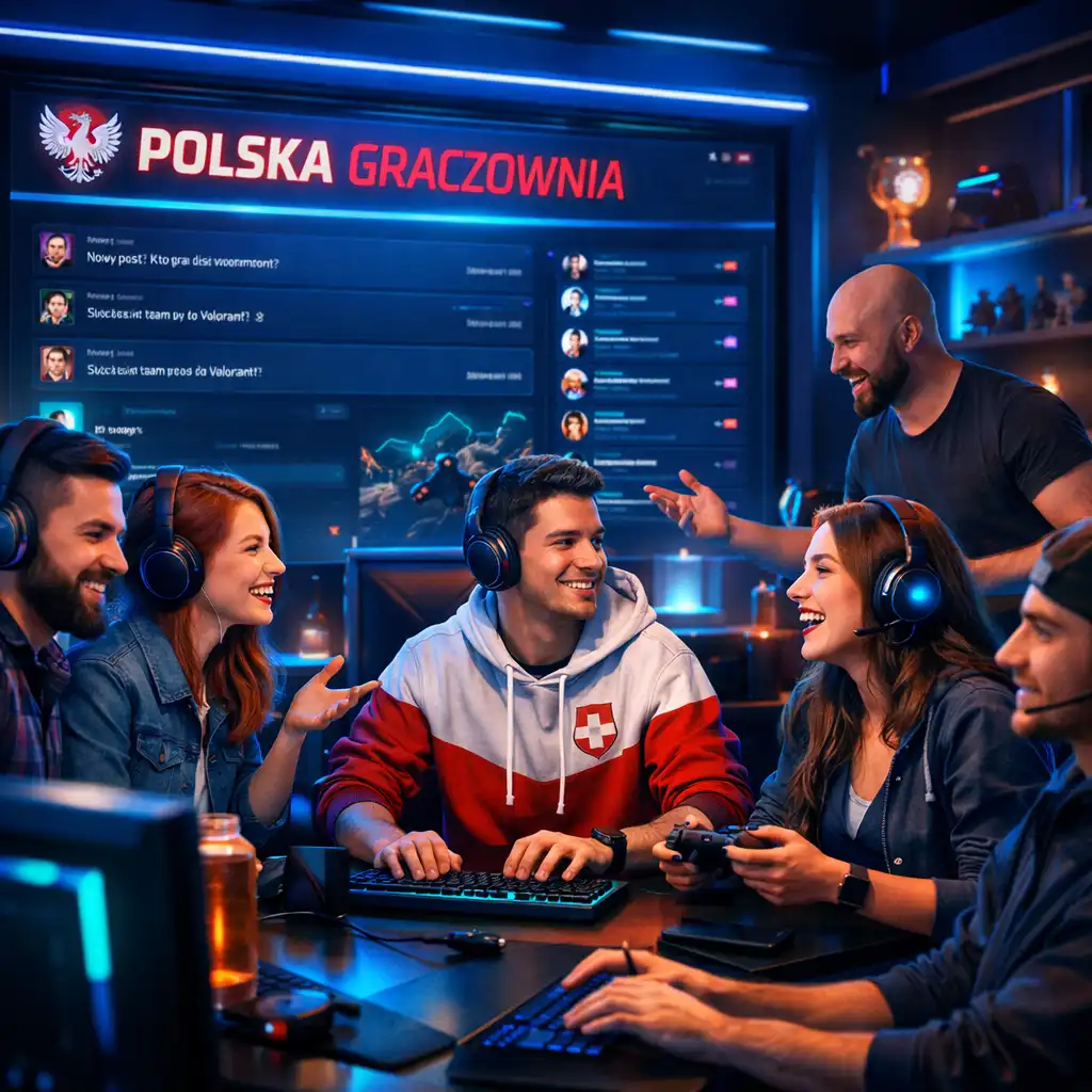 Grupa graczy tworzących społeczność gamingową w nowoczesnym, ciemnym interfejsie