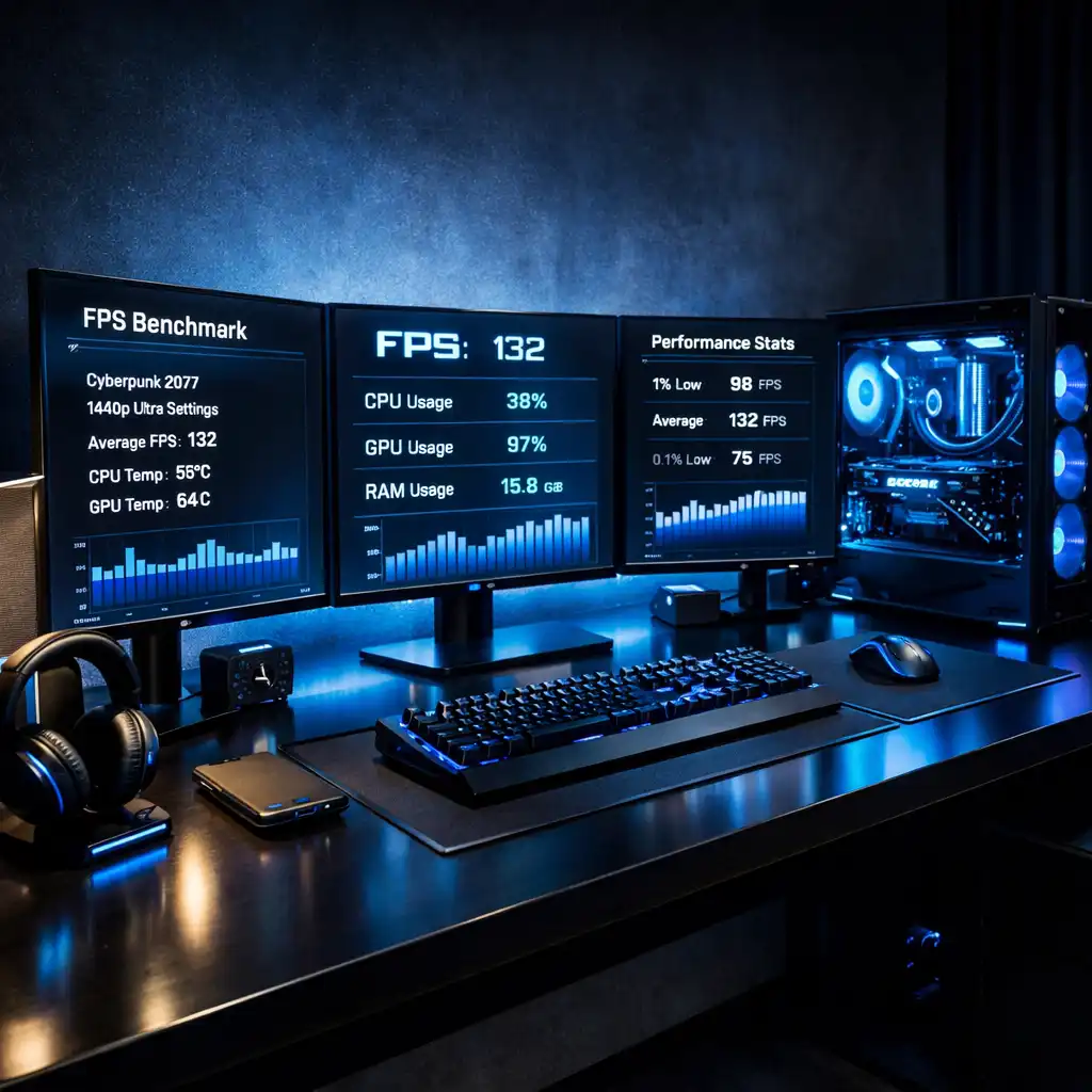 Nowoczesny setup gamingowy z podświetlanym sprzętem i monitorem ultrawide
