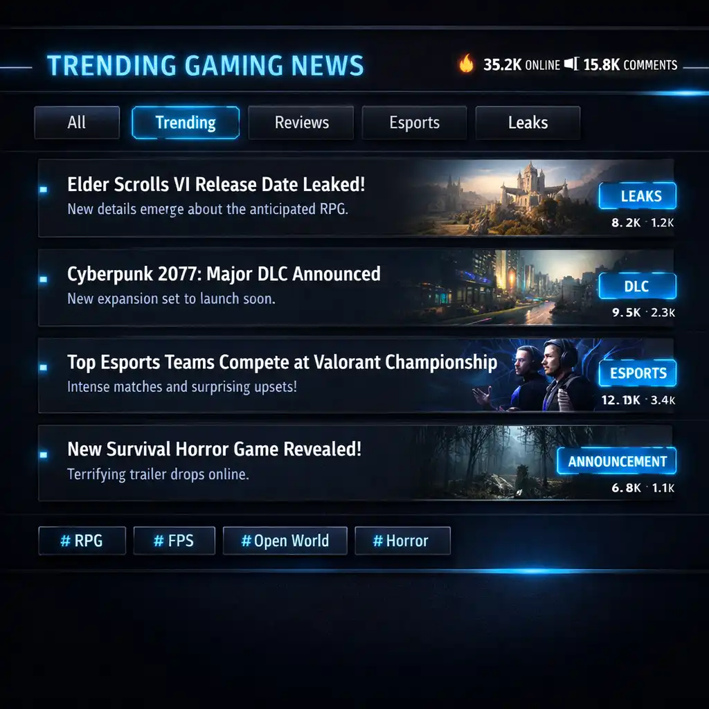 Panel z najnowszymi aktualnościami i trendami w grach w ciemnym, neonowym stylu